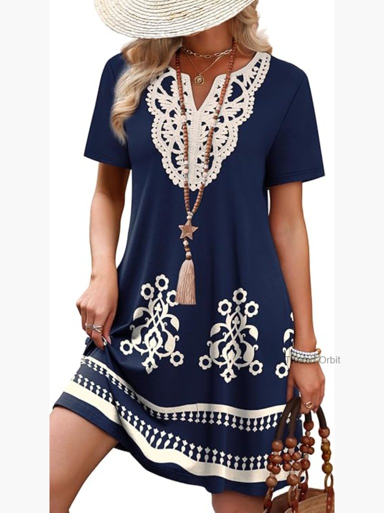 Casual Shift Dress With Lace V-Neck, Short Sleeves, Floral Print